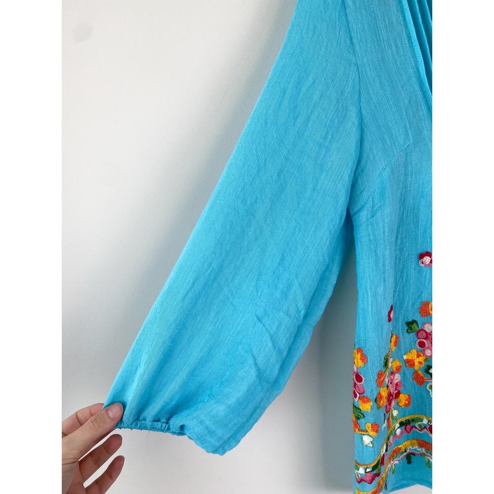 Turquoise Blue Embroidered Peasant Blouse Top Pintuck Floral Boho Balloon Sleeve - Picture 3 of 8